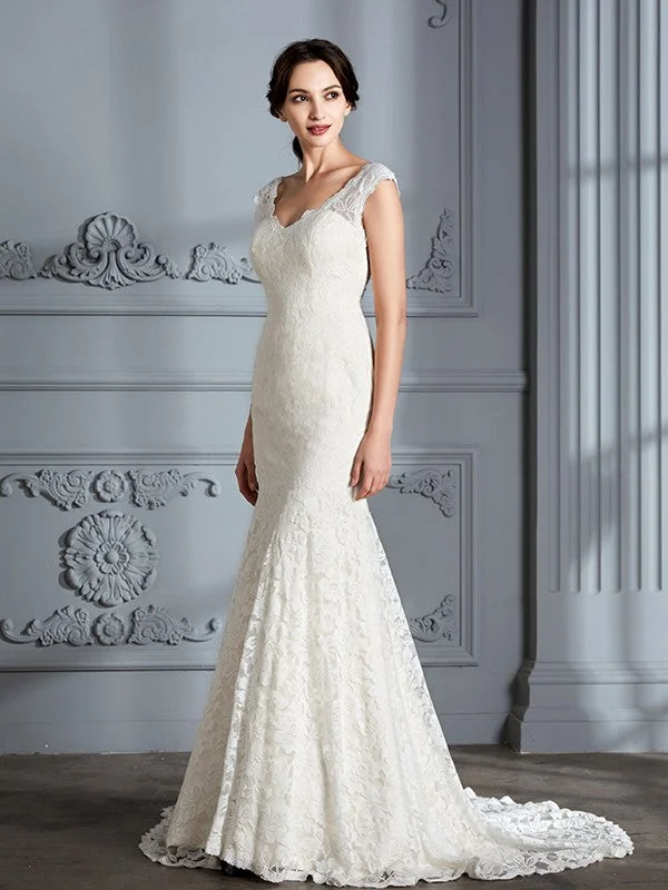 Trumpet/Mermaid Sleeveless V-Neck Lace Sweep/Brush Train Wedding Dresses TPP0006374 Tiered Wedding Dress