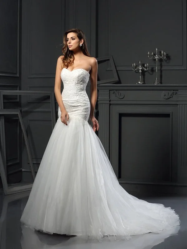 Trumpet/Mermaid Sweetheart Applique Sleeveless Long Tulle Wedding Dresses TPP0006386 Full Length Gown