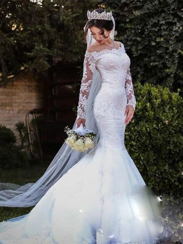 Trumpet/Mermaid Tulle Lace Off-the-Shoulder Long Sleeves Sweep/Brush Train Wedding Dresses TPP0006391 Lace Train Dress