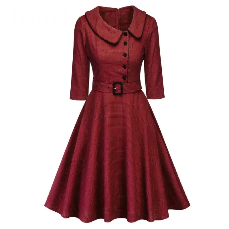 Casual Elegant Retro Dress, 3/4 Sleeve Dress Belted Retro Dress Gothic unclassified dresses