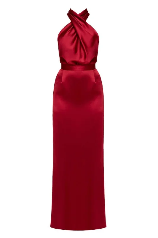 ALIUR DEEP RED HALTER NECK EVENING DRESS Tulle unclassified dresses