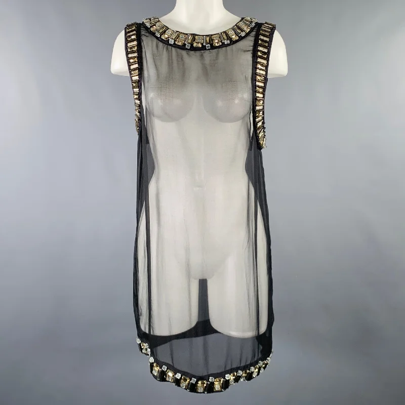 ALLSAINTS Size 8 -Josselin- Black Silver Silk Hand Beaded Shift Knee Length Dress Fashionable unclassified dresses