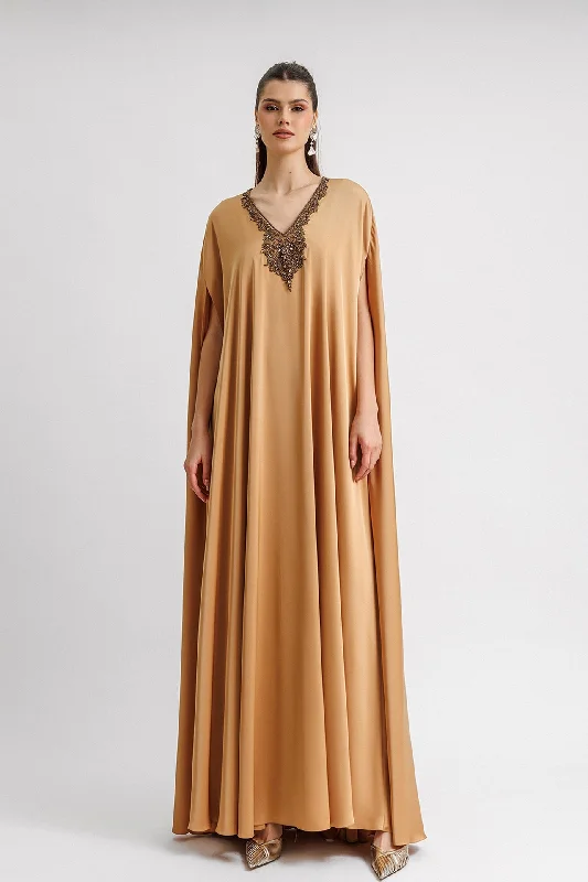 Beaded neckline caramel kaftan Ruffled unclassified dresses