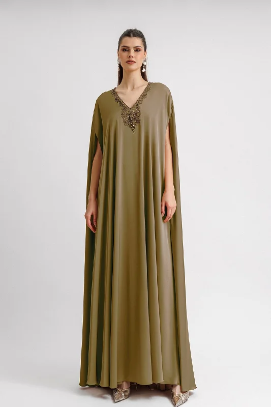 Beaded neckline olive kaftan Long sleeve unclassified dresses