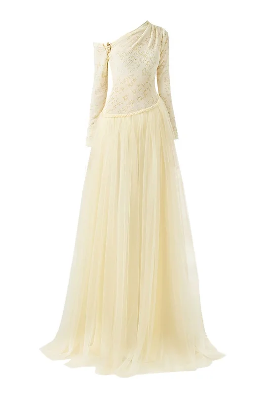 BEIGE SOFTEN FIT AND FLARE LAYERED FLOOR LENGTH GOWN Trendy new unclassified dresses