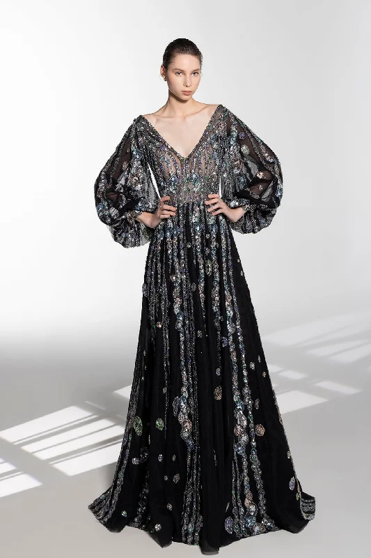 Bell sleeves fully beaded gown Embroidered unclassified dresses