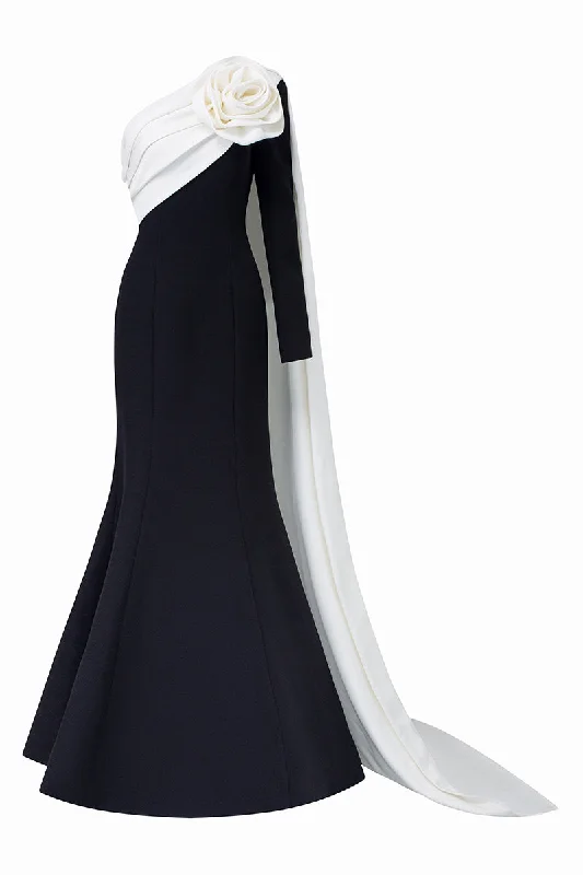 BLACK ASYMETRICAL SHOULDER GOWN WITH DRAPED ROSE Spring unclassified dresses