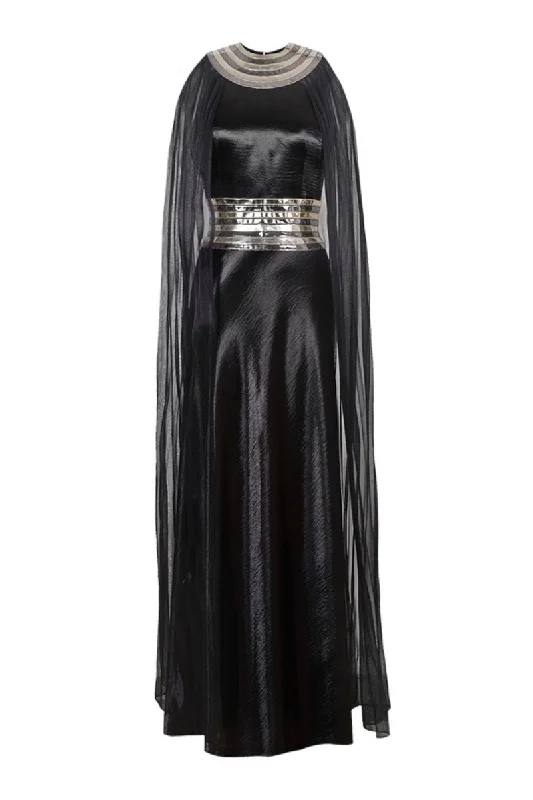 BLACK FALL-PANELLED TEXTURED SATIN GOWN Stretchy unclassified dresses