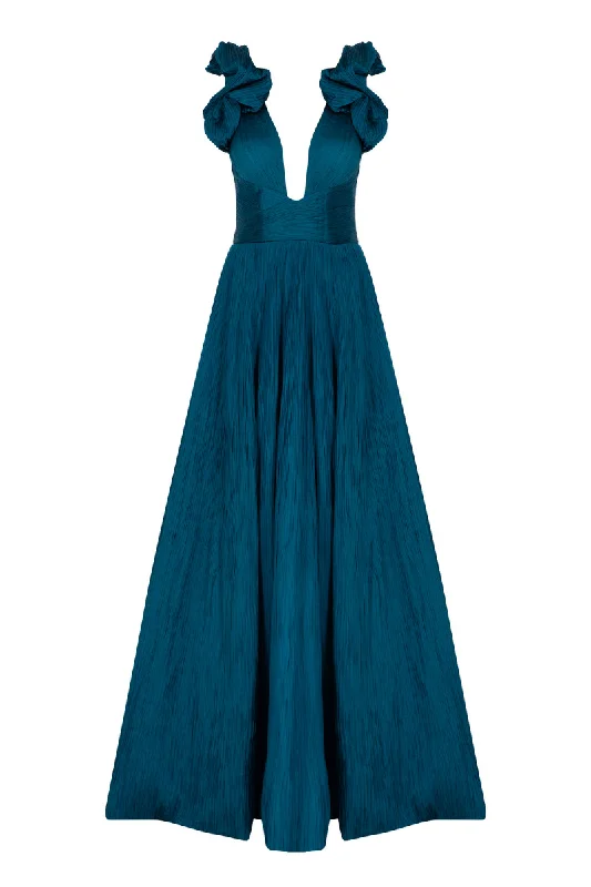 CAPRICE TURQUOISE RUFFLED V-NECK GOWN Holiday unclassified dresses