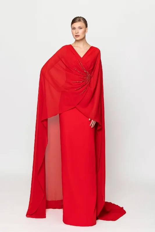 Crepe dress with overlapped embellished cape One-shoulder unclassified dresses