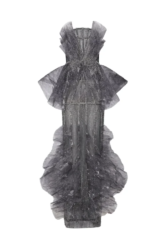 DARK GRAY PLEATED CHIFFON GOWN WITH CRYSTAL EMBROIDERY Chic unclassified dresses