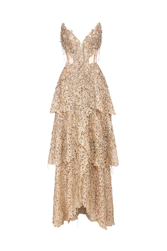 DEEP GOLD VNECK CORSET DRESS WITH METALLIC BEAD EMBROIDERY AND PLAYFUL FRINGES Formal unclassified dresses