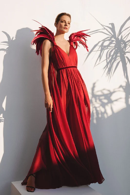 Deep saturated silk chiffon dress with a plunging neckline and feathered shoulders Y2K unclassified dresses