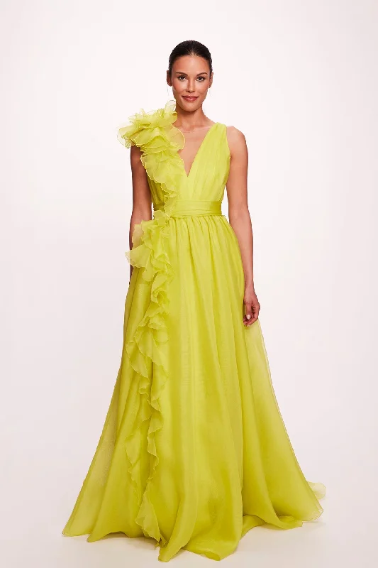 Deep V-Neck organza gown with ruffle detail and front slit Holiday unclassified dresses