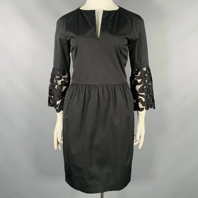 DRIES VAN NOTEN Size 10 Black Cotton Embroidered 3/4 Sleeves Dress Street style unclassified dresses