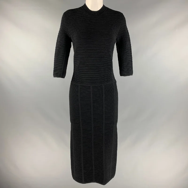 EMPORIO ARMANI Size 6 Black Ribbed 3/4 Sleeves Mid-Calf Dress Elegant evening unclassified dresses