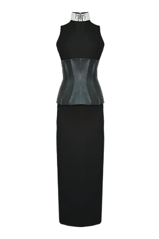 GLAMOUROUS MIRROR-EMBELLISHED GOWN WITH VEGAN CORSET BELT Denim unclassified dresses