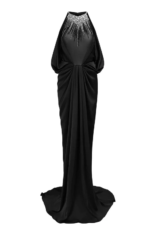 GLOWY BLACK DRAPED BEADED HALTERNECK GOWN Best-selling unclassified dresses