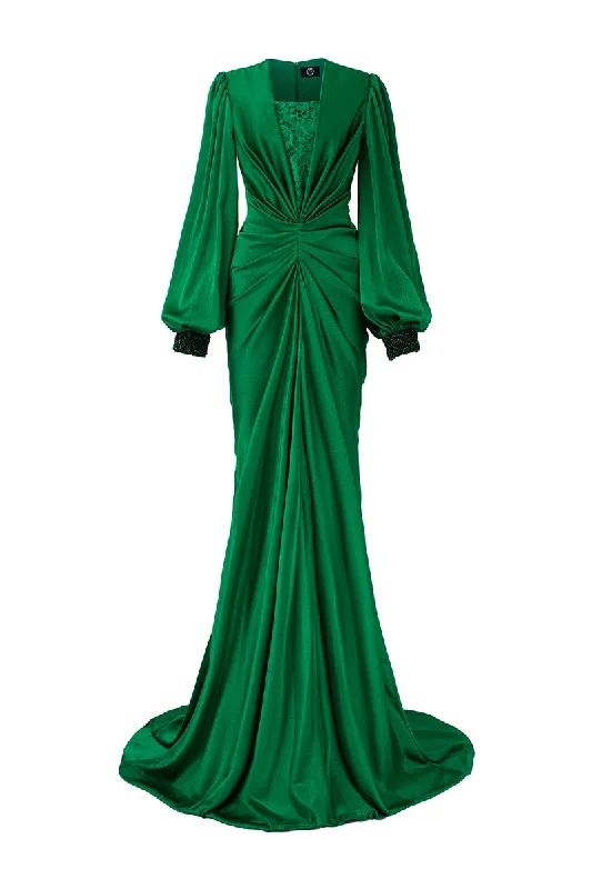 GREEN PLUNGE NECKLINE BOUFFANT SLEEVES SILK GOWN Women's unclassified dresses