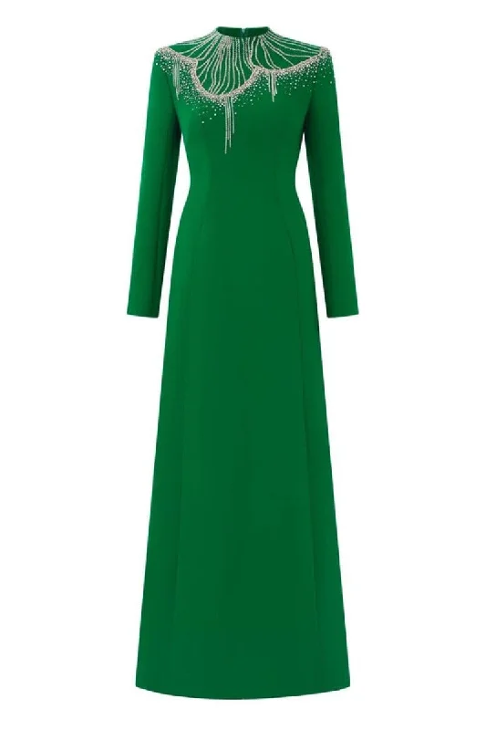 GREEN ROUND CRYSTAL EMBELLISHED GOWN Lace unclassified dresses