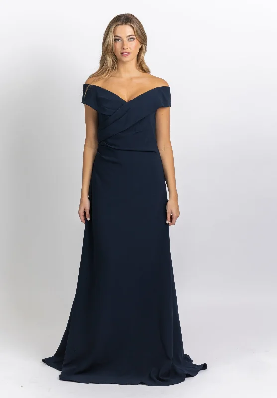 Jovani 06746 Navy Crepe Off the Shoulder Evening Gown High-low unclassified dresses