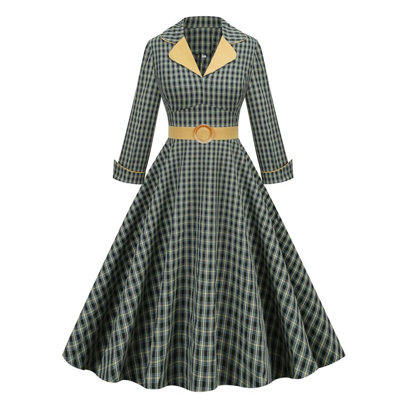 Notched Collar High Waist Belted Elegant Plaid Retro Dress, 3/4 Length Sleeve Vintage Pinup Dress Smocked unclassified dresses