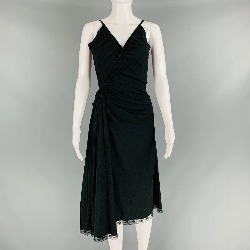 PRADA Size 2 Black Acetate Viscose Ruched Spaghetti Straps Dress Embroidered unclassified dresses