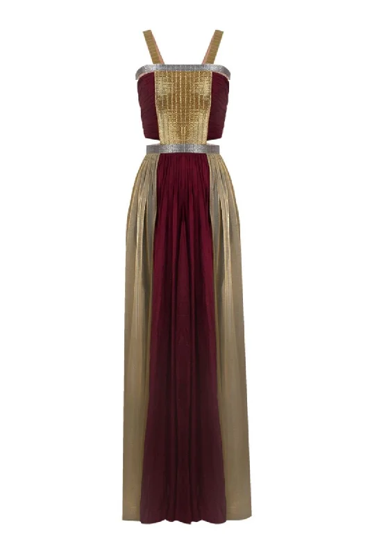 RED AND GOLD GATHERED CHIFFON SLIT GOWN Metallic unclassified dresses