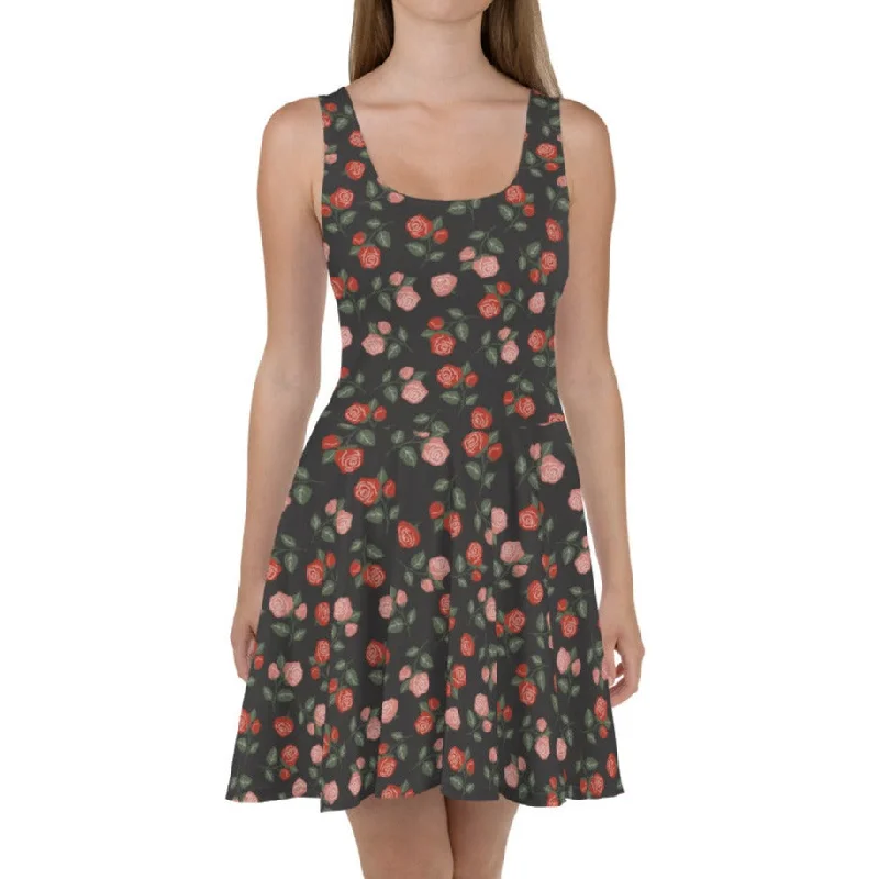 Red & Pink Roses Skater Dress (XS-3XL) Chiffon unclassified dresses