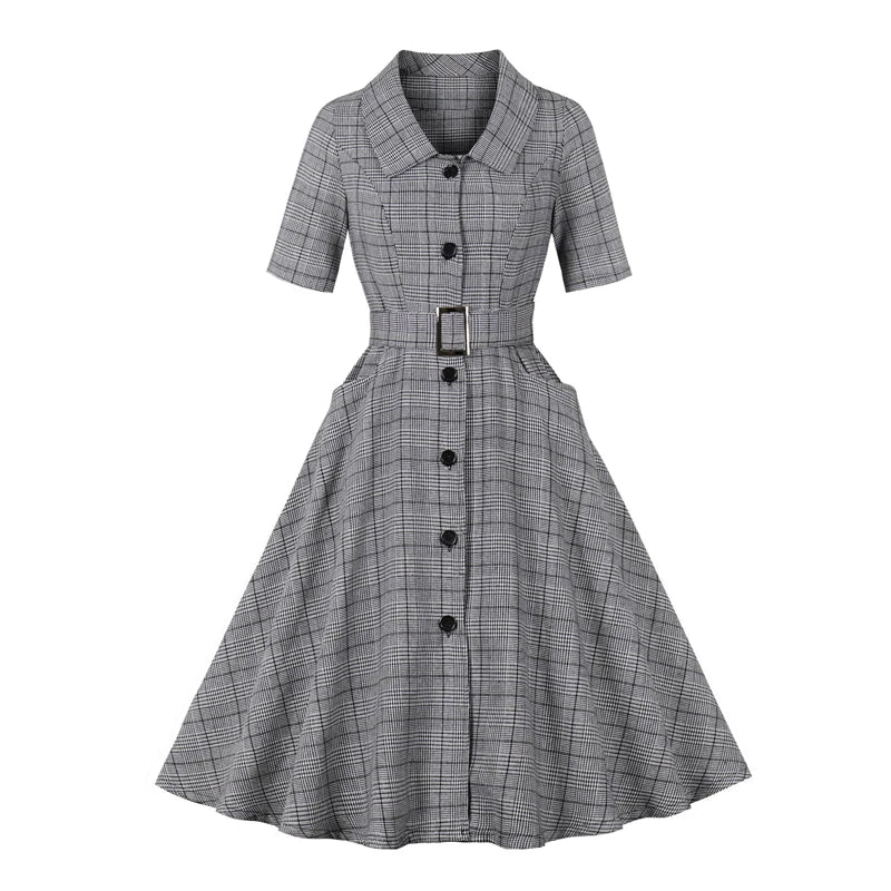 Retro Turn Down Collar Button Up Half Sleeve Pocket Swing Dress, Vintage Plaid Dress Ruffled unclassified dresses