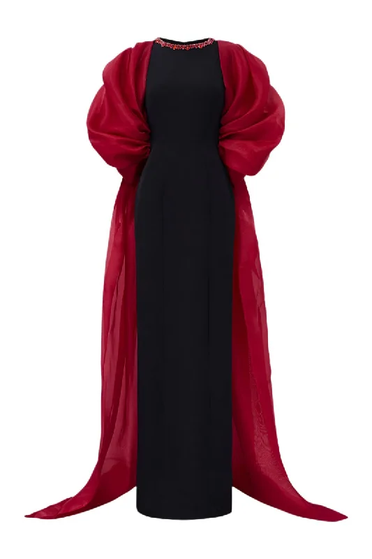 ROUND NECKLINE SCUBA GOWN WITH DRAPED SLEEVES ORGANZA Long unclassified dresses