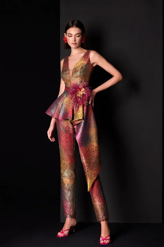 Sleeveless multicolored brocade jumpsuit Metallic unclassified dresses