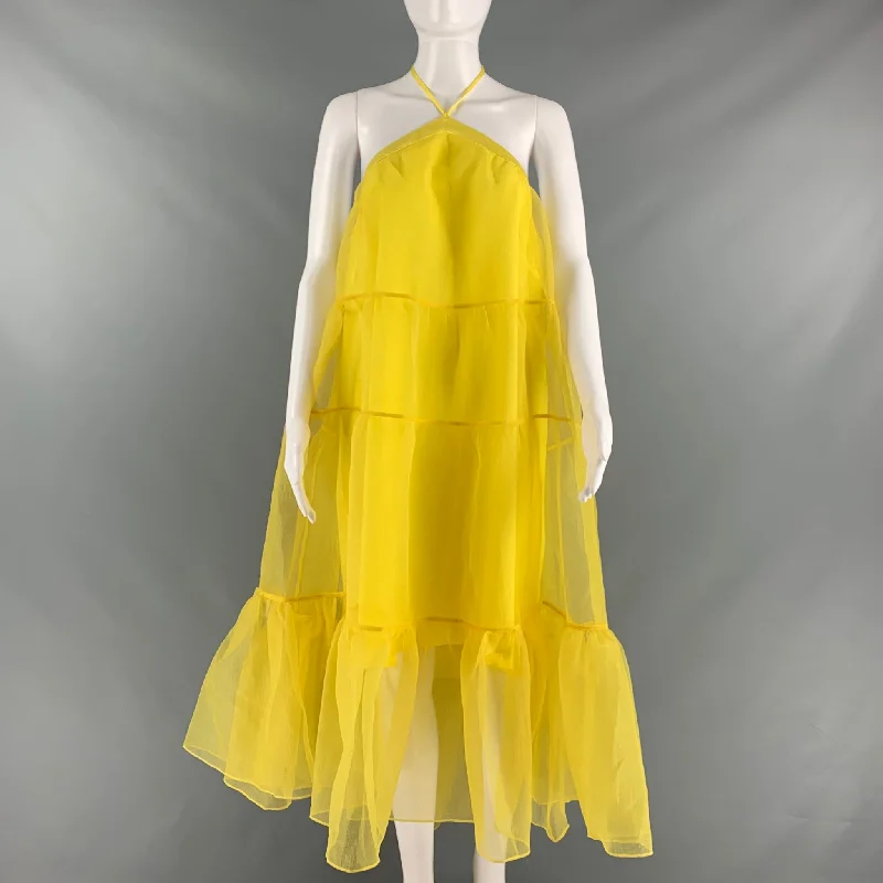 STAUD Size L Yellow Polyester Sheer Halter Dress Monochrome unclassified dresses