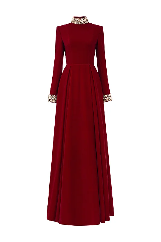 TURTLENECK COLLAR PLEATED WAIST VELVET GOWN Spring unclassified dresses