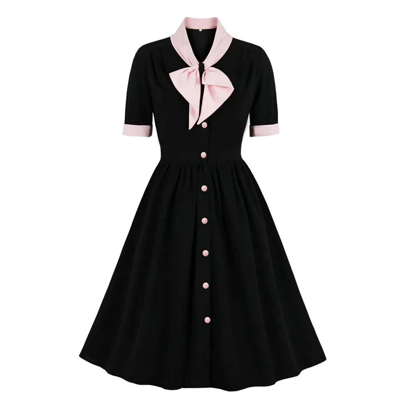 Vintage Bow Neck 50s Robes High Waist Pleated Swing Dress Boho unclassified dresses