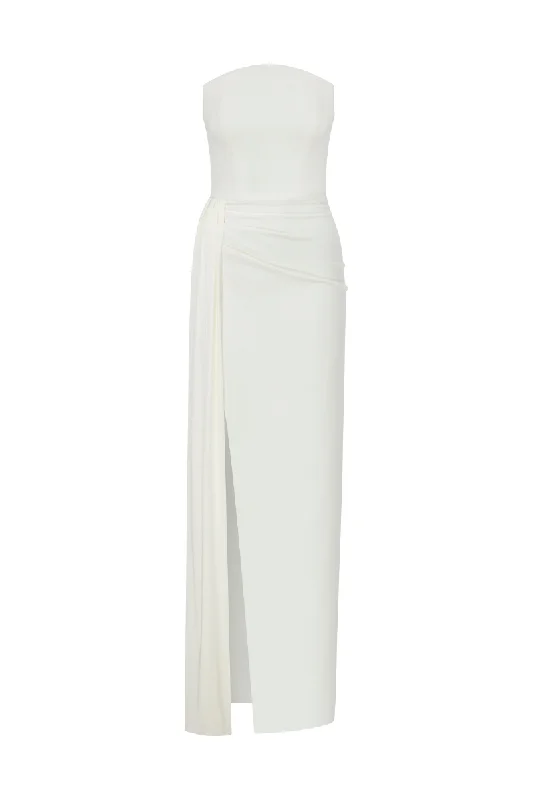 WHITE STRAPLESS CREPE DRESS WITH DEEP SLIT Anniversary unclassified dresses