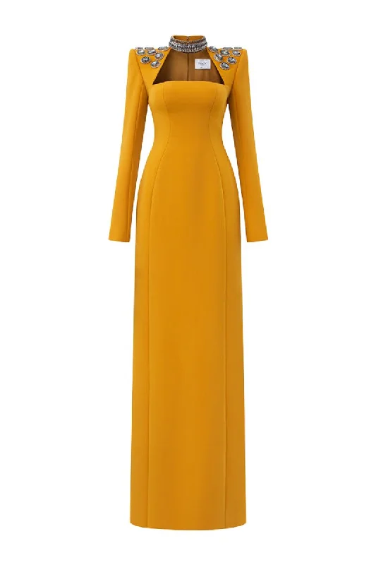 YELLOW CHOKER SHOULDER STONE EMBELLISHED GOWN Everyday wear unclassified dresses