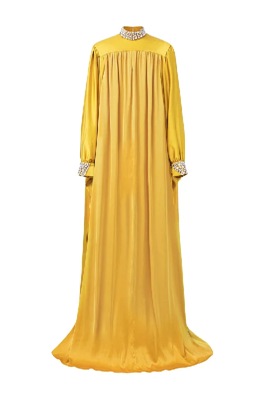 YELLOW HIGH-NECK BOUFFANT SLEEVES GOWN Affordable unclassified dresses