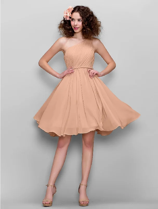 A-Line Bridesmaid Dress One Shoulder Sleeveless All Celebrity Styles Knee Length Chiffon with Side Draping Beach unclassified dresses