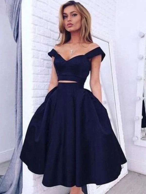 A-Line/Princess Off-the-Shoulder Sleeveless Tea-Length Satin Two Piece Dresses Summer unclassified dresses