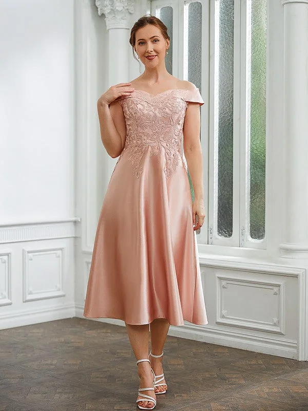 A-Line/Princess Satin Applique Off-the-Shoulder Sleeveless Tea-Length Mother of the Bride Dresses Monochrome unclassified dresses