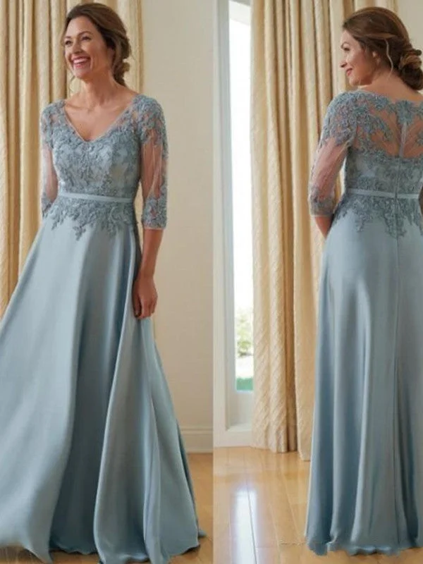 A-Line/Princess Satin Applique V-neck 3/4 Sleeves Floor-Length Mother of the Bride Dresses Silk unclassified dresses