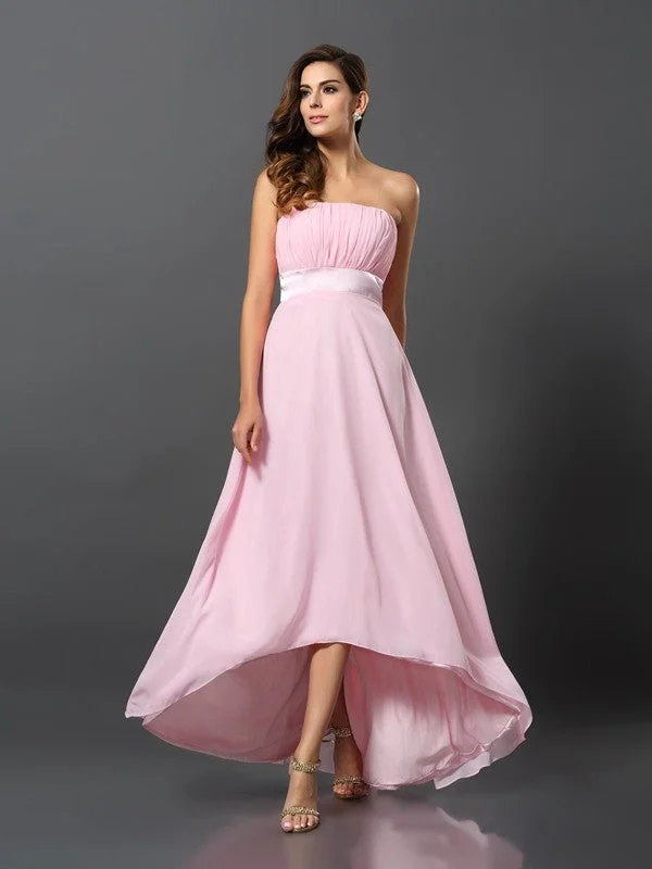 A-Line/Princess Strapless Sleeveless High Low Chiffon Bridesmaid Dresses Smocked unclassified dresses