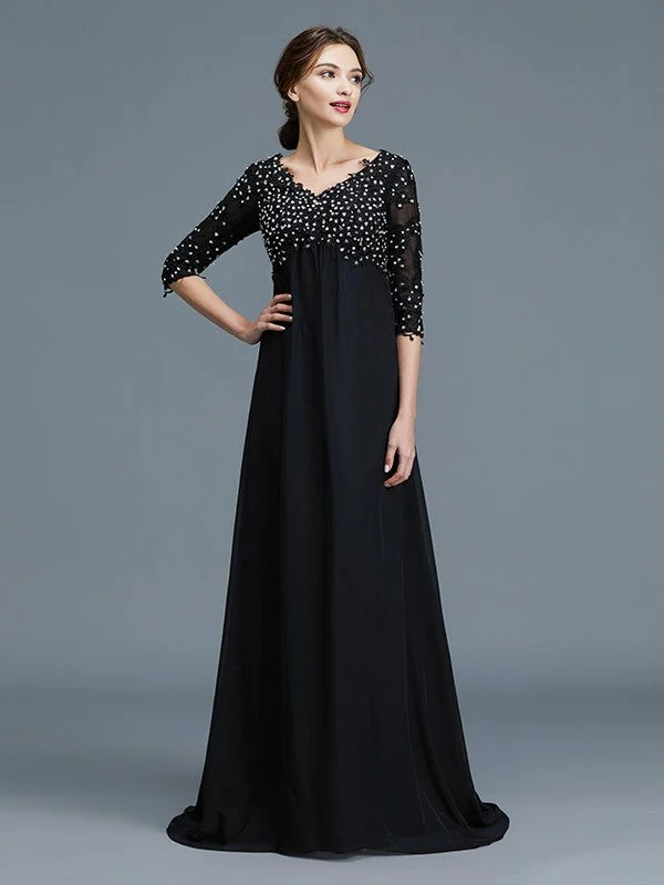 A-Line/Princess V-neck 1/2 Sleeves Beading Chiffon Floor-Length Mother of the Bride Dresses Fall unclassified dresses