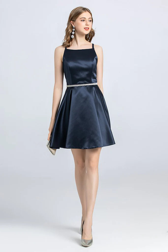 A-Line Spaghetti Strap Sleeveless Open Back Satin Homecoming Dress Stylish unclassified dresses