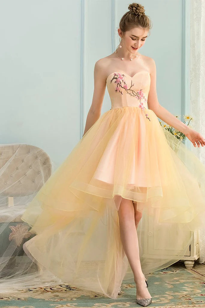 A-Line Sweetheart High Low Yellow Stretch Satin Homecoming Dress with Appliques Everyday wear unclassified dresses