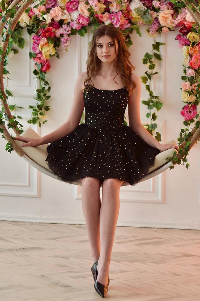 Black Glitter Sparkling Stars Homecoming Dress Boho unclassified dresses