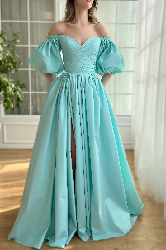 Blue A-line Satin Prom Dresses With Off the Shoulder Sleeves, Side Slit Prom Dresses, Elegant Newest Prom Dresses Plus size unclassified dresses