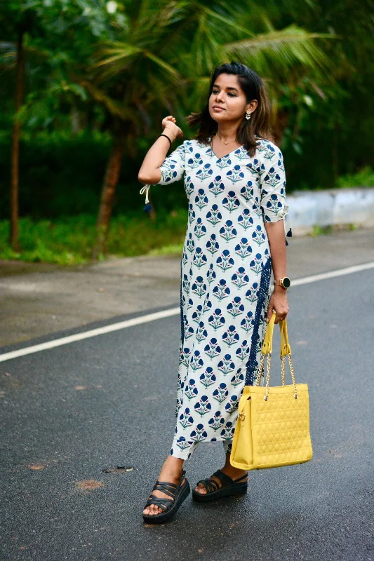 Blue & white floral printed cotton 2 piece kurti suit Luxury floral dresses