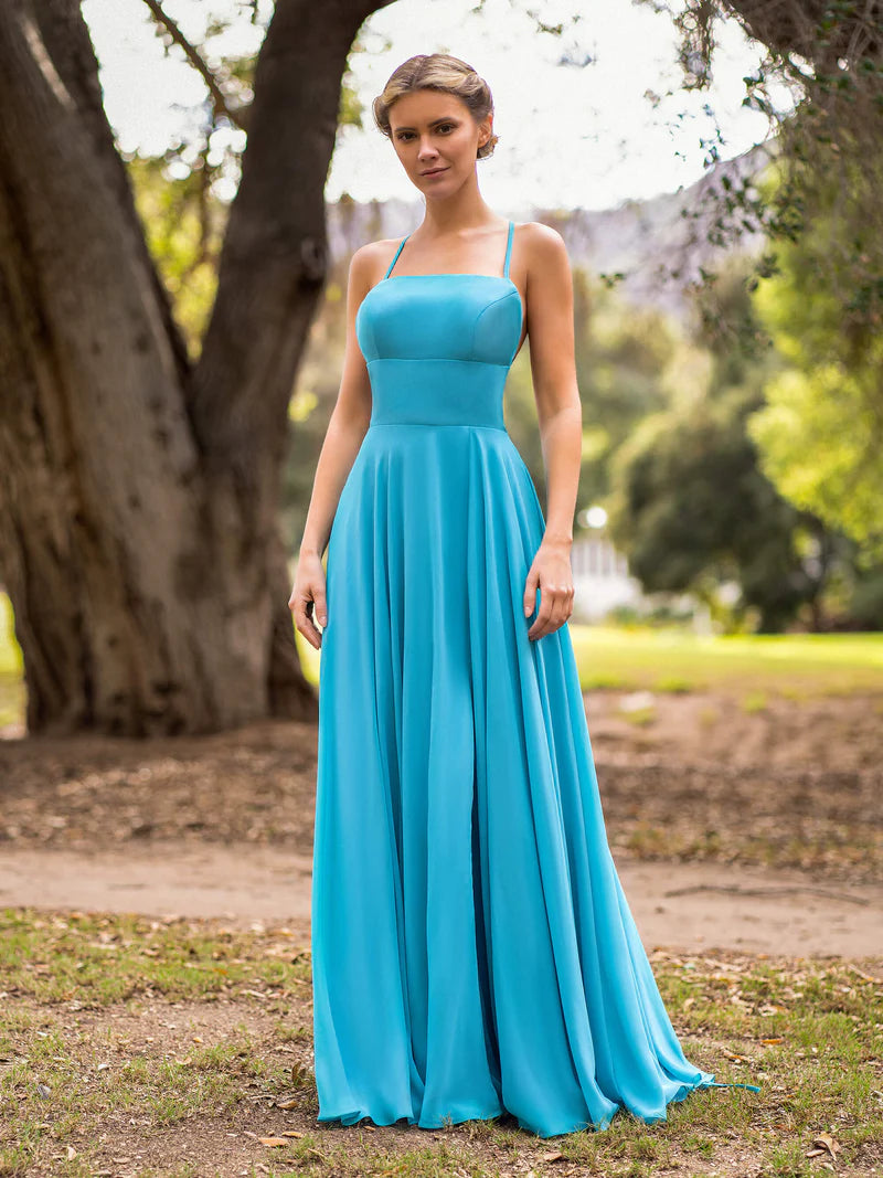 Bridesmaid Dress Straight Across Chiffon Floor Length Cutout Back Prom Dress Denim unclassified dresses